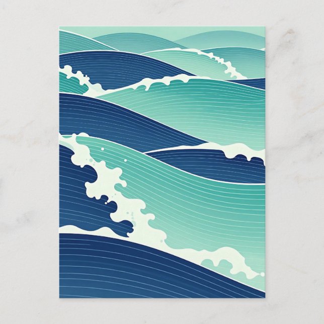 Ocean Waves Teal Blue Japanese Style Postcard (Front)