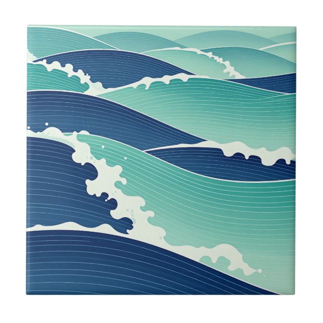 Ocean Waves Teal Blue Japanese Style Tile (Front)