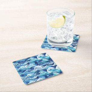 Ocean Waves Teal Watercolor Aqua Blue Square Paper Coaster