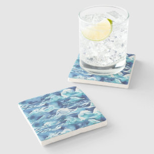 Ocean Waves   Teal Watercolor Aqua Blue Stone Coaster