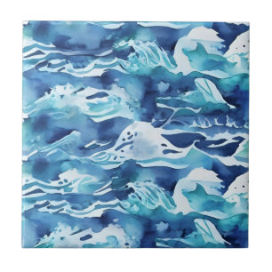 Ocean Waves   Teal Watercolor Aqua Blue Tile