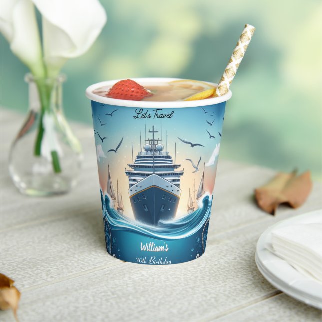 Ocean Waves Travel Anchor Yacht 30th Birthday Paper Cups (Insitu)