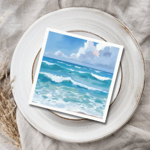 Ocean Waves Watercolor Beach Coastal Wedding Napkin