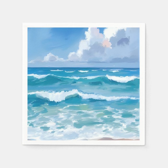 Ocean Waves Watercolor Beach Coastal Wedding Napkin (Front)