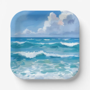 Ocean Waves Watercolor Beach Coastal Wedding Paper Plate