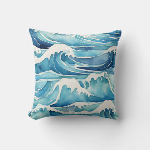 Ocean Waves Watercolor Blue Beachy Coast Cushion
