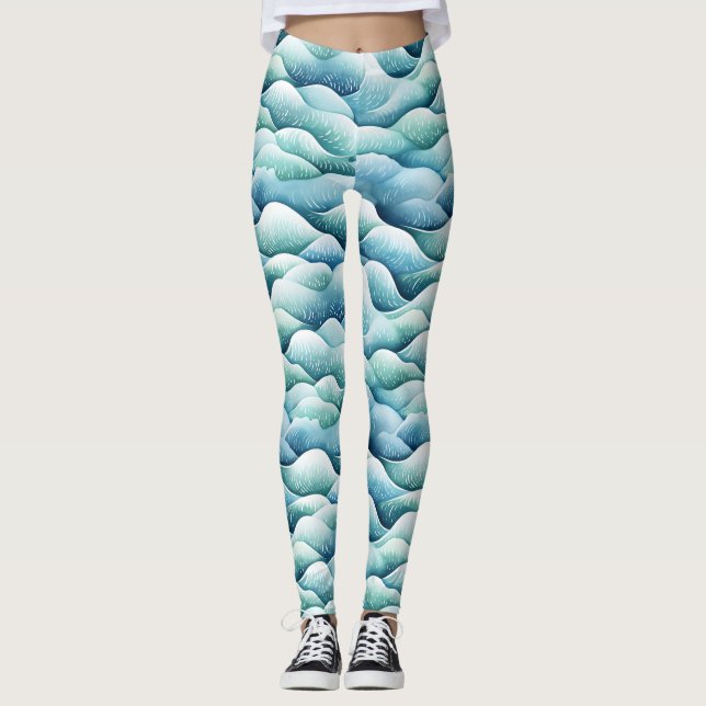 Ocean Waves  Watercolor Turquoise Pattern Leggings (Front)