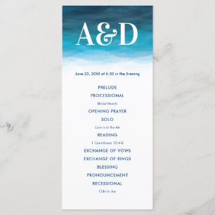 Ocean Waves Watercolor Wedding Program, Blue Programme