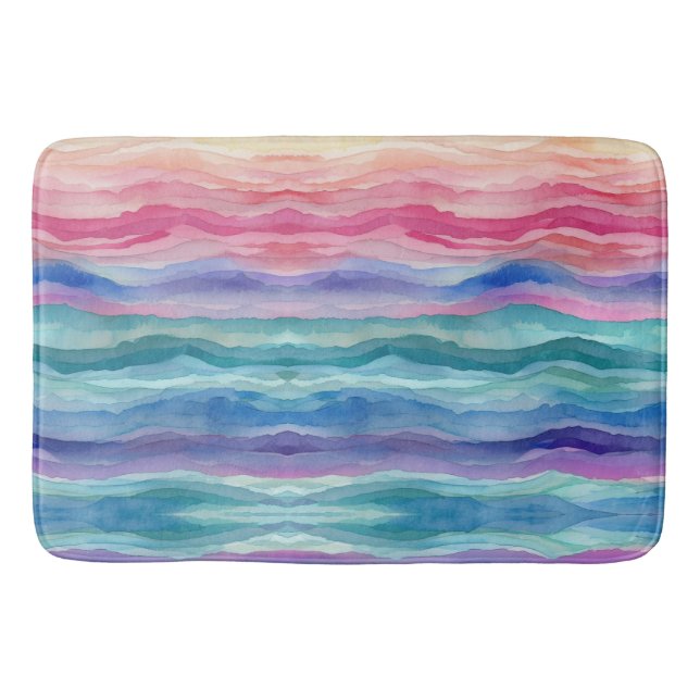 Ocean Waves Watercolour Rainbow Inspired Stripe Bath Mat (Front)