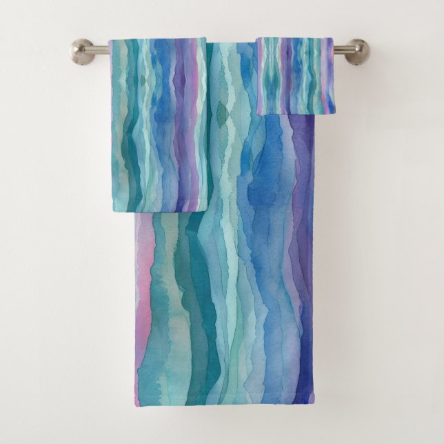 Ocean Waves Watercolour Rainbow Inspired Stripe Bath Towel Set (Insitu)