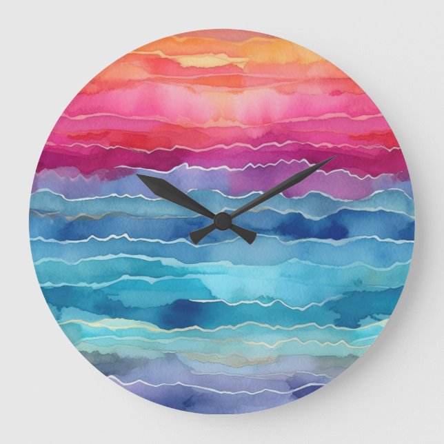 Ocean Waves Watercolour Rainbow Inspired Stripe Large Clock (Front)