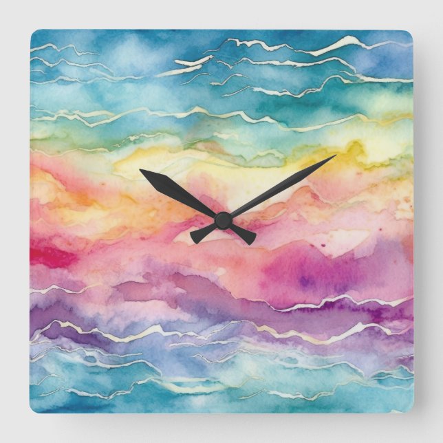 Ocean Waves Watercolour Rainbow Inspired Stripe Square Wall Clock (Front)