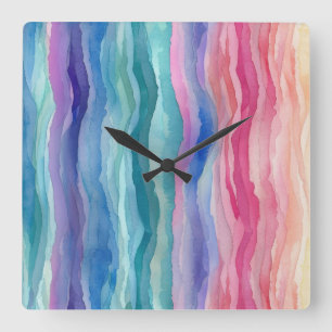 Ocean Waves Watercolour Rainbow Inspired Stripe Square Wall Clock
