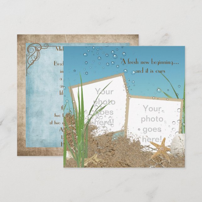 ocean wedding photo frame in sand invitation (Front/Back)