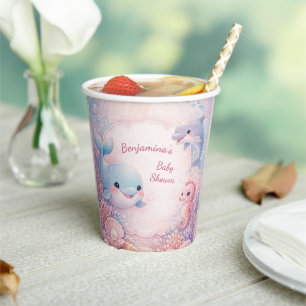 Ocean Whale Dolphin Seahorse Baby Shower Pink Paper Cups