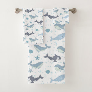 Ocean whale pattern with starfish, shell, bubble b bath towel set
