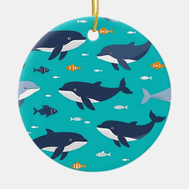 Ocean Whales Dolphins Pattern Ceramic Tree Decoration (Front)