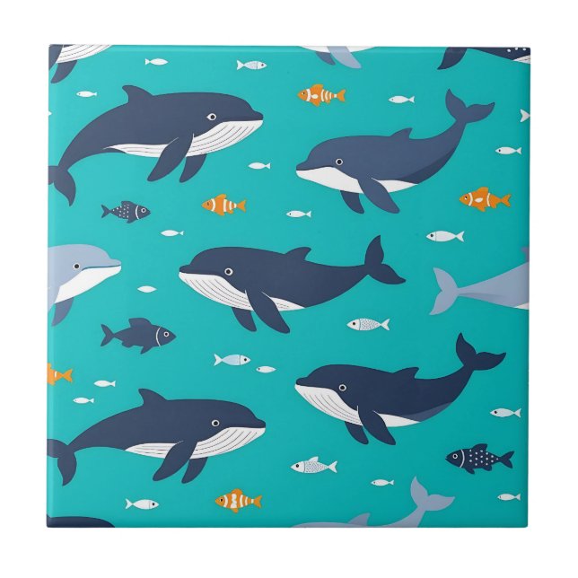Ocean Whales Dolphins Pattern Tile (Front)