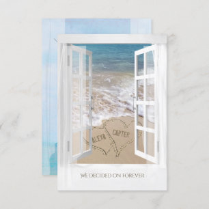 ocean window view with beach hearts wedding invitation