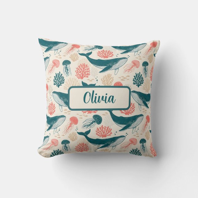 Ocean Wonders Whale Jellyfish Coral Cushion (Front)