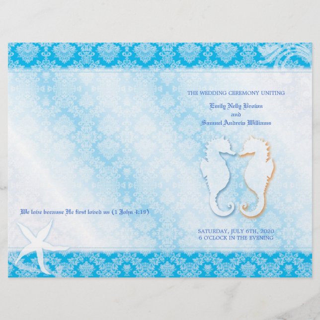 Oceanfront Seahorse Blue Wedding Bi Fold Program (Front)