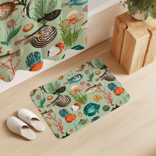 Oceania Colourful Fishes on Sage Green Background Bath Mat