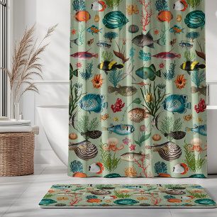 Oceania Colourful Fishes on Sage Green Background Shower Curtain