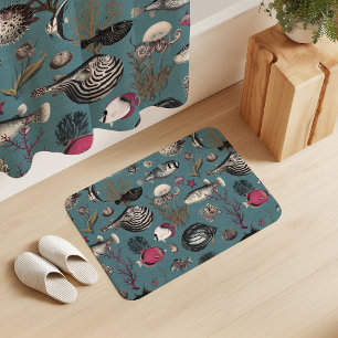 Oceania Fuchsia Grey Fishes on Blue Background Bath Mat