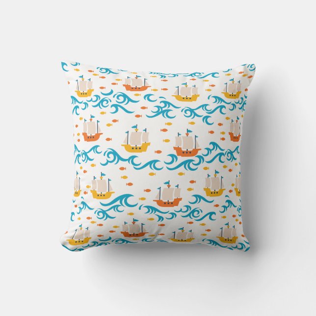 Oceanic Adventure: Yellow and Red Sailing Ships wi Cushion (Front)