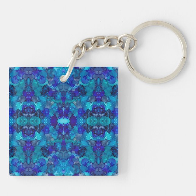 Oceanic Blue Abstract Alcohol Ink Art Key Ring (Back)