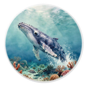 Oceanic Blue Whale Watercolor Coastal Art Ceramic Knob