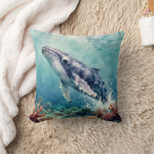 Oceanic Blue Whale Watercolor Coastal Art Cushion