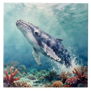 Oceanic Blue Whale Watercolor Coastal Art Tile