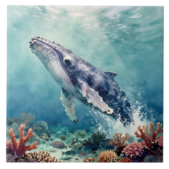 Oceanic Blue Whale Watercolor Coastal Art Tile (Front)
