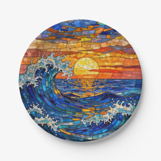 Oceanic Coastal Ocean Waves Sunset   Paper Plate (Front)