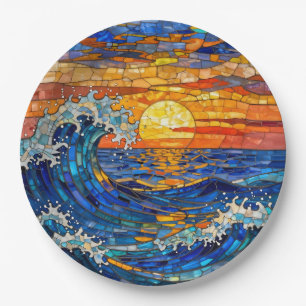 Oceanic Coastal Ocean Waves Sunset Paper Plate