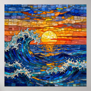 Oceanic Coastal Ocean Waves Sunset   Poster