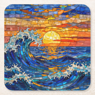 Oceanic Coastal Ocean Waves Sunset Square Paper Coaster