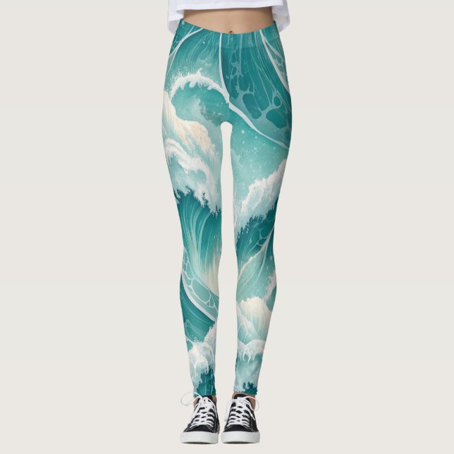 Oceanic Flow Pattern–Seamless Fluid Blue Abstract Leggings (Front)