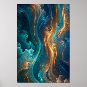 Oceanic Gold Flow - Teal and Copper Abstract Poster