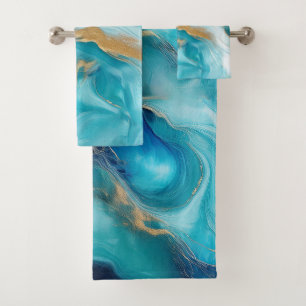 Oceanic Harmony: Cobalt and Teal Brushstrokes Bath Towel Set