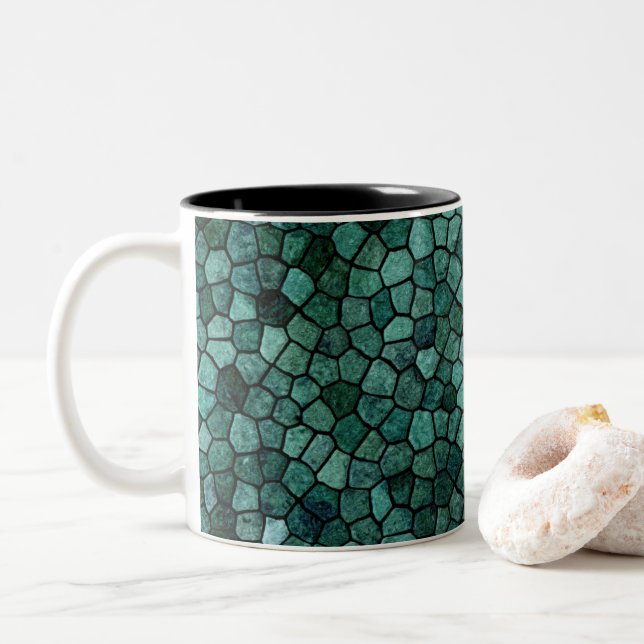 Oceanic Mosaic Crust Texture Abstract Pattern Two-Tone Coffee Mug (With Donut)