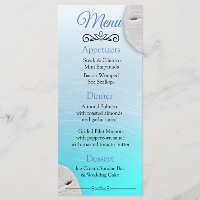 Oceanic Sand Dollar Aqua Blue  Wedding Menu Card (Front)