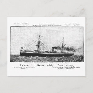 Oceanic Steamship Mariposa to Hawaii, 1890 Postcard