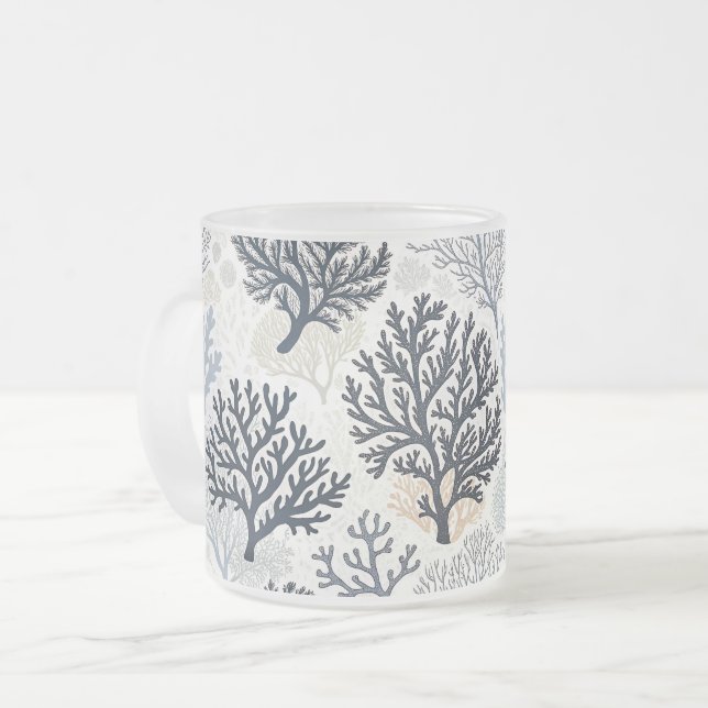 Oceanic Vibes Botanical Corals Frosted Glass Coffee Mug (Front Left)
