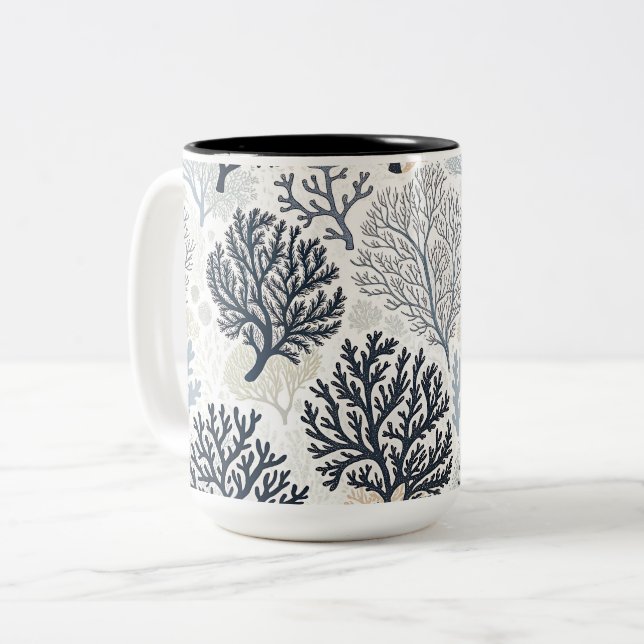 Oceanic Vibes Botanical Corals Two-Tone Coffee Mug (Front Left)