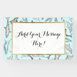 Oceanic Watercolor Fishes in Blue Black White Grey Banner