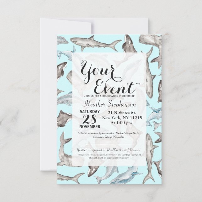 Oceanic Watercolor Fishes in Blue Black White Grey Invitation (Front)