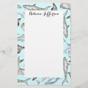 Oceanic Watercolor Fishes in Blue Black White Grey Stationery