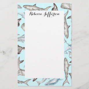 Oceanic Watercolor Fishes in Blue Black White Grey Stationery